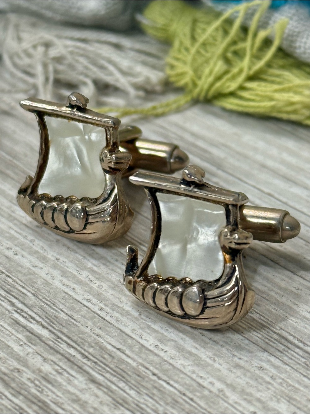 Viking Ship Mother-of-Pearl Cufflinks - Silver Tone